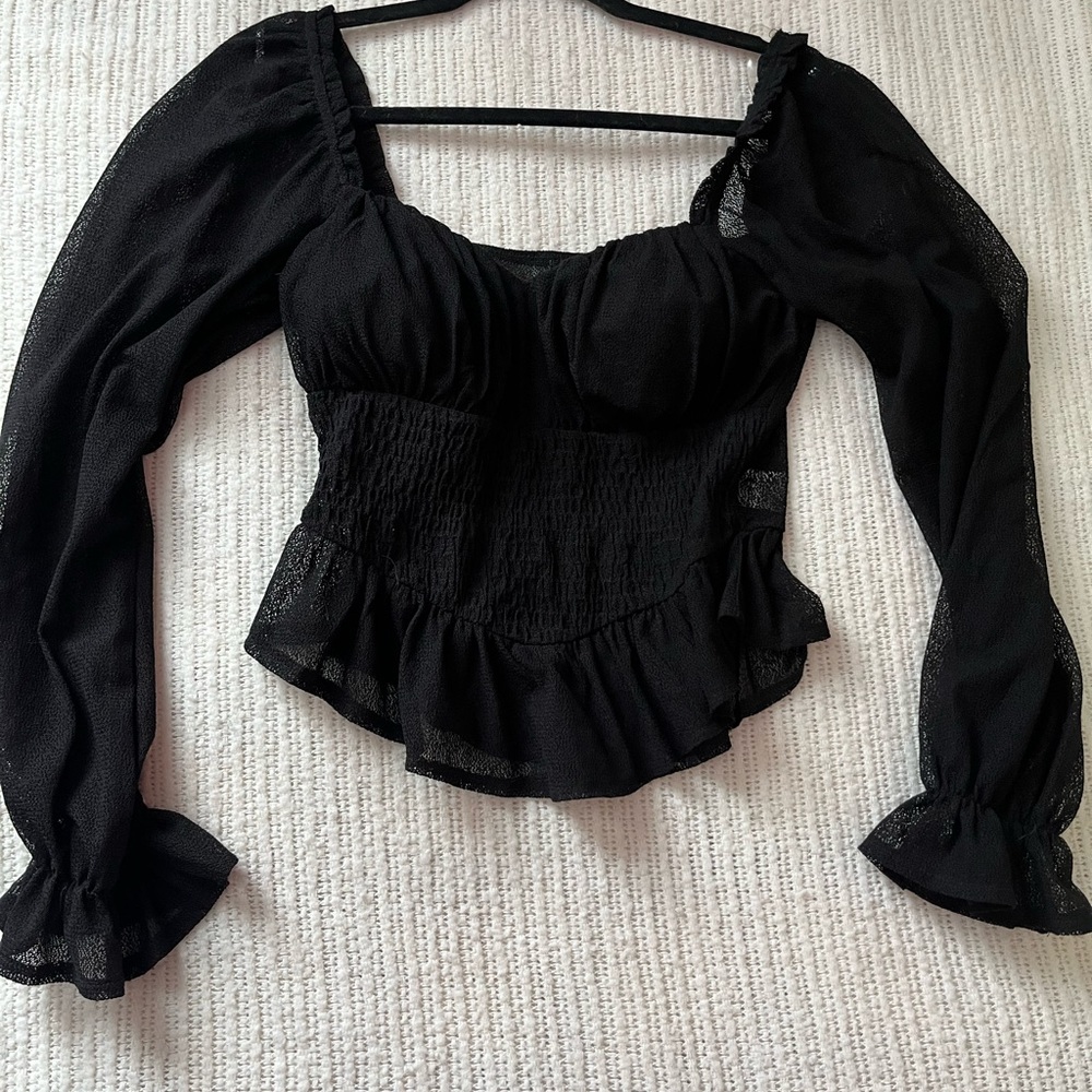 Black Smocked Puff Sleeve Blouse